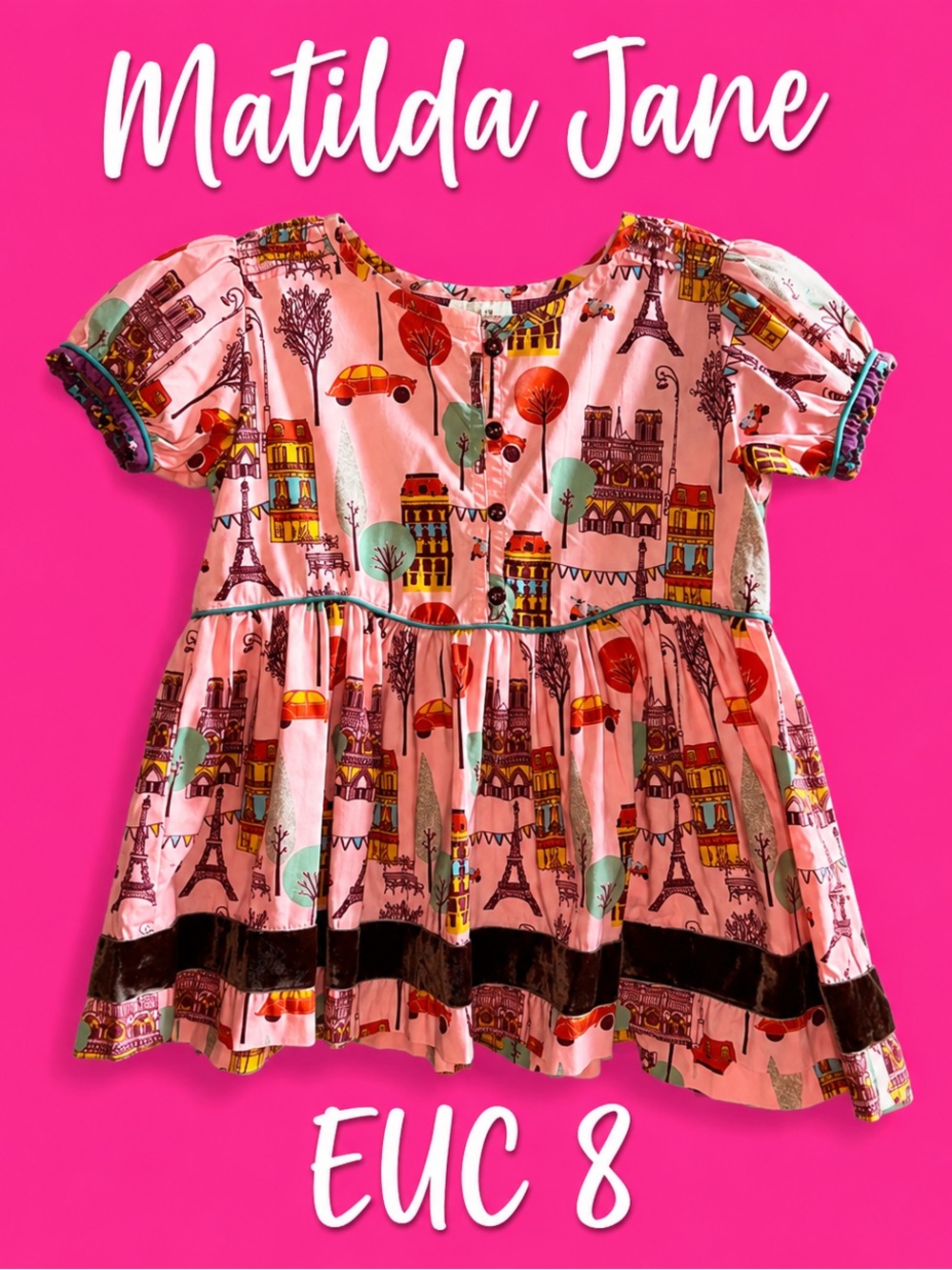 Matilda Jane Pink Paris Print Dress with Teal & Brown Accents